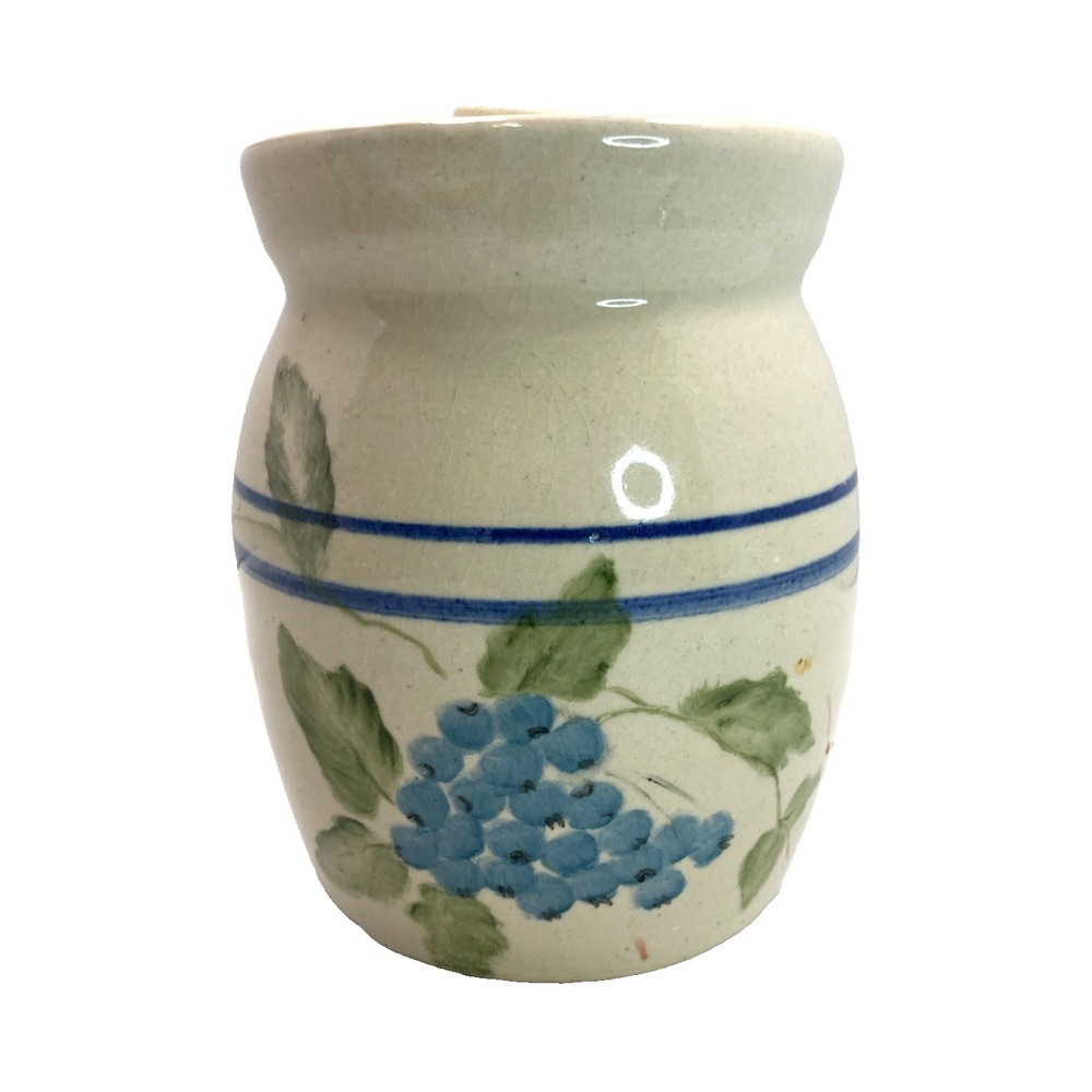 Vtg Marshall Pottery Kenneth Wingo Blue Stripe Pottery Crock Vase Grapes 6"